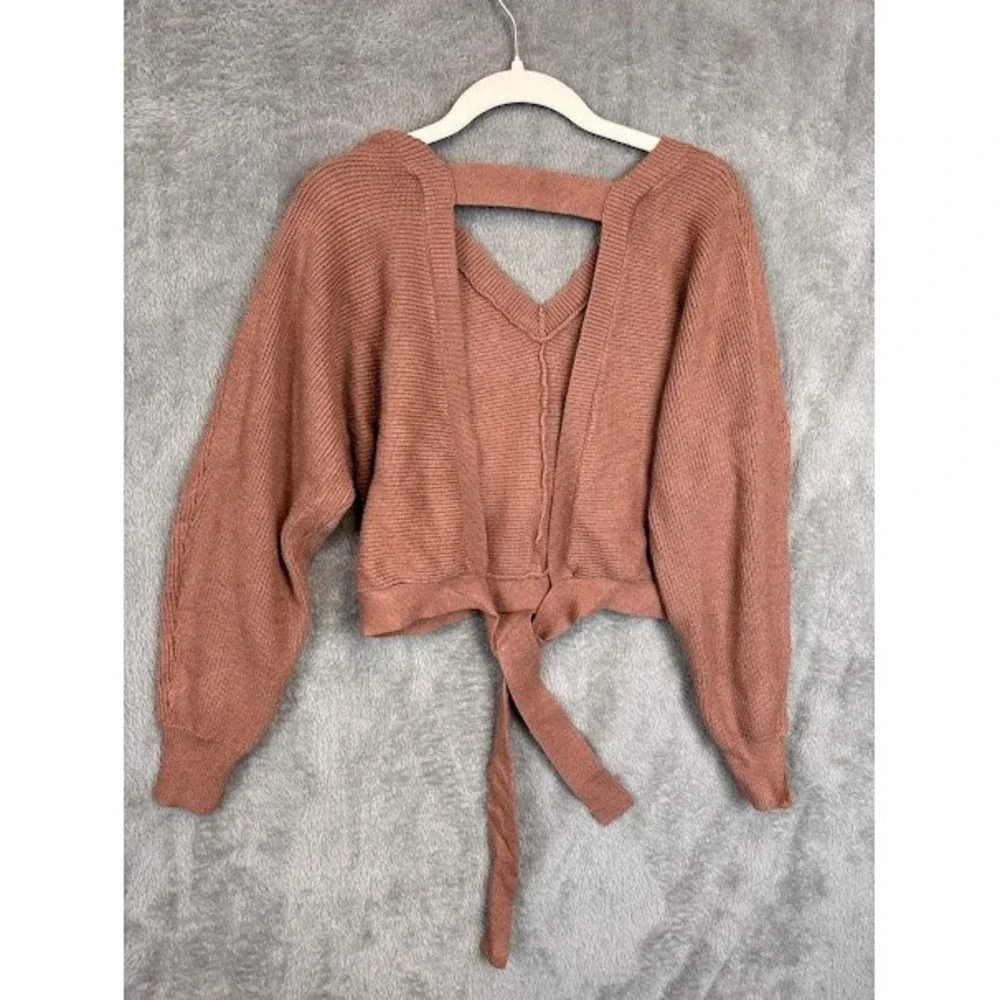 SHEIN Caramel Brown V Neck Ribbed Cropped Sweater Tie‎ Back Cutout Size M